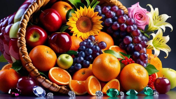 Corne d'abondance dans laquelle se trouvent des fruits, des fleurs, des pierres précieuses.