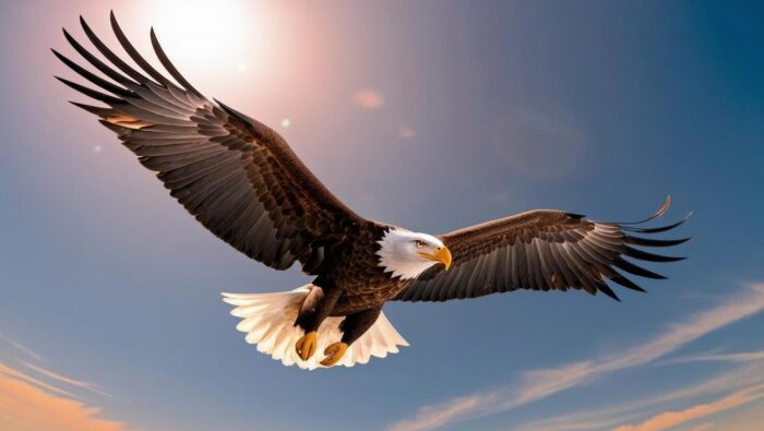 Images d'un magnifique aigle dans un ciel bleu.