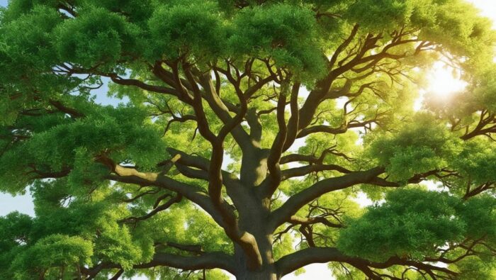 Magnifique arbre vert avec cime.