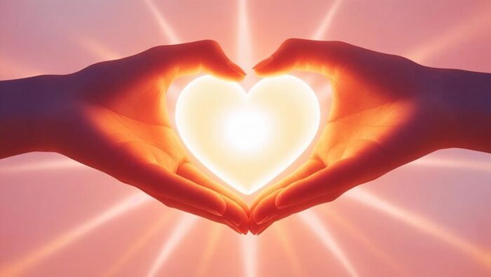 Mains en forme de cœur avec couche de soleil et lumière à travers les mains.