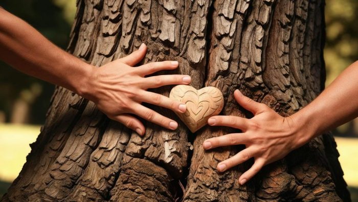 Personne qui serre un arbre dans ses bras où on ne voit juste que les mains avec un cœur sur l'arbre.