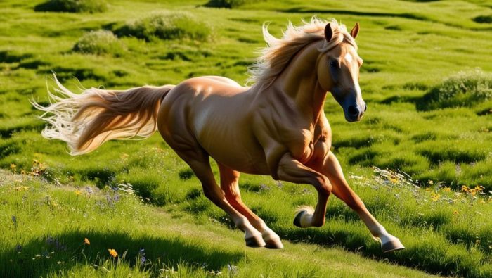 Photo d'un cheval doré magnifique galopant dans un paysage verdoyant sous le soleil.
