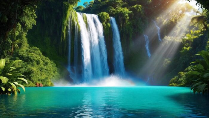 magnifique cascade avec lac bleu turquoise dans un paysage verdoyant de la jungle avec du soleil